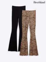 River Island Leopard/Black 2 Pack Rib Flare Leggings (AY2012) | $97