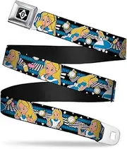 Buckle-Down Seatbelt Belt - Alice in Wonderland Poses/Clock/Bottle Diamond/Stripe Black/White/Blues - 1.0" Wide - 20-36 Inches in Length