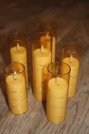 NEW! Set of 6 Gold LED Flameless Candles w Embedded Fairy Lights & 2 Remotes!