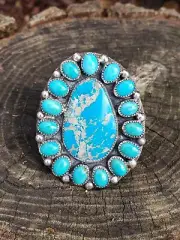 Native American Sterling Silver LARGE No 8 Turquoise Ring Adjustable Size