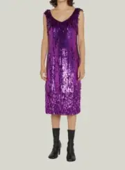 $2945 Dries Van Noten Women's Purple Sequin Fringe Damaras Shift Dress Size 34