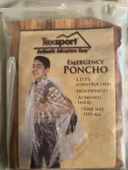 Texsport Emergency Poncho L.D.P.E. Construction Lightweight Attached Hood 1 size