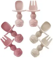 PandaEar 6 Pack Silicone Baby Spoons and Fork Feeding Set- Anti-Choke First Self Feeding Utensils for Baby Led Weaning Ages 3 Months (Pink Rose Linen)
