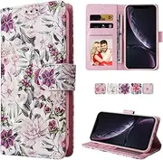 UEEBAI Wallet Case for iPhone XR, PU Leather Phone Case Kickstand RFID Blocking Flip Case with Card Slots Wrist Strap Relief Engraved Pattern Magnetic Closure Folio Case, Violet