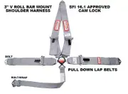 SFI 16.1 ROLL BAR MOUNT 5 POINT RACE HARNESS GRAY V ROLL BAR MOUNT CAM LOCK