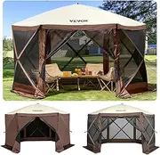 VEVOR Pop Up Gazebo, 6 Sided Canopy Sun Shelter With 6 Removable Privacy Wind Cloths & Mesh Windows, 12.5x12.5FT Quick Set Screen Tent With Mosquito Netting, Brown