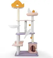 Costway Cute Cat Tree for Indoor Cats, 167cm Multi-Level Tall Cat Tower w/Sisal Covered Scratching Posts, Airplane-Shaped Platform, Plush Perch, Hammock, Dangling Toys, Modern Cat Condo Furniture