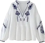 [Vaveren] Embroidery Blouse for Women Floral Embroidered Elegant Polyester Soft Bohemian