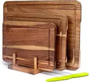 TJ POP Acacia Wood Chopping Board for Kitchen, Wooden Cutting Board Set of 3 with Stand and Juice Groove, Double-Sided Chopping Board Serving Board for Meat, Vegetables, Fruits and Cheese