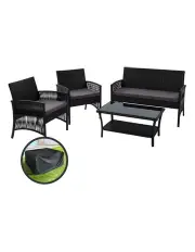 [Gardeon] Outdoor Sofa Set 4PCS with Storage Cover Wicker Harp Chair Table in Black