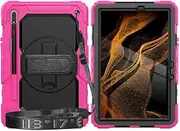 Protective Cover Compatible with Samsung Galaxy Tab S8/Tab S7 11 Inch 2020 SM-X700/T870/T875/T878 Case Rugged Shockproof Case Screen Protector+Handle+Shoulder Strap+Rotating Kickstand(Rose Red)