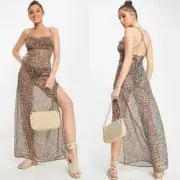 Brave Soul Leopard Beach Maxi Dress Cowl Neck and Cross Tie Back Size Large NWT