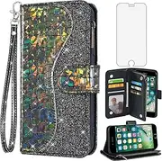 Asuwish Phone Case for iPhone 7/8/SE 2020/2022 Wallet Cover with Screen Protector Bling Glitter Flip Zipper Card Holder Cell iPhone7 iPhone8 7s 8s i SE2020 SE2022 2/2nd/3/3rd Generation SE2 SE3 Black