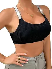 [Nolrahiur] Womens Ribbed Sports Bra Shiny Strap Workout Crop Tank Tops Y2K Racerback Bra Top for Yoga