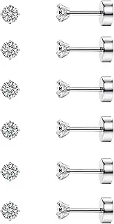 [Kakonia] 6 Pairs 20G Cartilage Earring Stud for Women Men 316L Surgical Steel Flat Back Earrings Set, 2-4mm Round CZ Barbell Stud Earrings for Cartilage Tragus Helix Piercing Jewelry