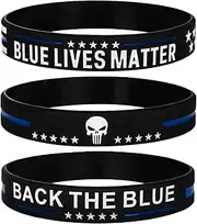 Sainstone Blue Lives Matter Thin Blue Line American Flag Police Bracelets with Punisher Skull - Back The Blue Silicone Rubber Wristband Band Set- Support Law Enforcement Gifts for Police Cops