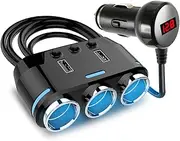 Car Cigarette Lighter Adapter 3 Socket Splitter with Dual USB Ports LED Voltage Monitor On/Off Switch for Phone GPS Dashcam Radar Detector 12V/24V