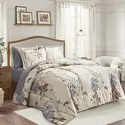 Joyreap 7 Piece Bed in a Bag Queen, Elegant Flower Botanical Smooth Soft Microfiber Floral Comforter Set for All Season (1 Comforter, 2 Pillow Shams, 1 Flat Sheet, 1 Fitted Sheet, 2 Pillowcases)