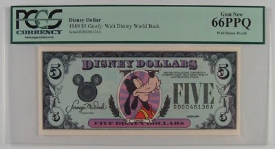 1989 $5 Disney Dollar, Goofy / Walt Disney World Back PCGS Gem New 66 PPQ