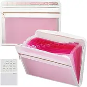 Ansook Expanding File Folders with Zipper, 13 Pockets Filing Boxes Document Organiser with Front Pocket, Portable Expandable File Organisers,Accordion Files Wallets Plastic Storage Box with Tabs (Pink)