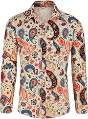 Men's 70s Disco Shirt Paisley 1970s Casual top Retro Floral Long Sleeved Button up Vintage Party Costumes Shirt