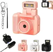 Retro Snap Camera,Tiny Nostalgic Camera,with Light Mini Keychain Camera,Portable Travel Miniature Pocket 1080p Hd Snap Camera,for Travel Life Vlogging Recording (Pink Camera,32G Card)