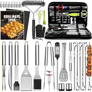 34Pcs Grill Accessories BBQ Grill Tools Set, Heavy Duty Thicker Stainless Steel Grill Tool with Thermometer, Long Handles, Carry Case; Gift Grill Mats for Backyard, Camping; Barbecue Set for Men Women