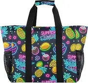 [sanluoli] Tote Bag Collapsable Beach Bag Tote With Pockets with Handles Laundry Bag Travel, Summer Neon Coconut Fruit Pineapple, 1 size