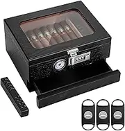 Cigar Humidor Box, Pine Wood Cigar Case Humidor with Front Hygrometer, Humidifier, Divider, Combination Lock, and Accessories Drawer, Durable Design