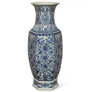 US Seller - Floral Blue and White Geometric Qing Dynasty Vase