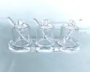 Set of 3 Acrylic Condiment Holders with Spoons & Slotted Tray NIB
