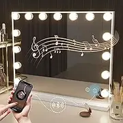 Hansong Large Bluetooth Hollywood Mirror Vanity Makeup with Lights,Hollywood Lighted Mirror with 3 Color Lighting Modes Tabletop & Wall Mounted, 15 Dimmable Bulbs, USB Port and Smart Touch Control