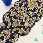 Handmade bead table runner, floral beaded navy blue gold runner, 13x36inch