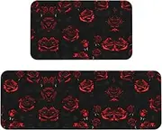 Red and Black Roses Print Kitchen Floor Mat 2 Sets Non-Slip Rugs for Kitchen Laundry Office and Home Decor