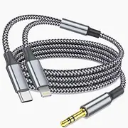 Aux Audio Cable for iPhone, 2 in 1 USB C to 3.5mm Aux Audio Lightning to 3.5mm Audio Cable Fit with iPhone 16 15 Plus/14/13/12/11/XR, Galaxy S24/S23/S22, Pixel 8/7/6/5, iPad to Car Stereo Speaker 4FT