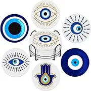 Zubebe Set of 6 Ceramic Evil Eye Coasters with Holder Evil Eye Blue Coasters for Drinks Round Absorbent Cup Mat with Cork Base for Home Table Decor Desk Kitchen Accessories, 4 Inch