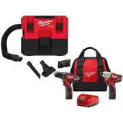 Milwaukee Wet/Dry Vac 1.6 Gal. w/ Drill + Impact Driver Kit 12V Li-Ion Cordless
