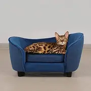 Pet Sofa Bed, Velvet & Linen Fabric Pet Couch Chair with Removeable & Washable Cushion for Small Dogs Cats (Blue)