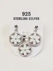 .925 Sterling Silver Lab White Opal & Cz Round Flower Earring & Pendant Set