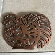 NOS Vintage Cast Iron Copper Top Rooster Trivet w/Metal Ring Hook