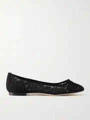 [Manolo Blahnik] Manolo Blahnik - Verizzo Bow-detailed Suede-trimmed Cotton-blend Lace Ballet Flats - Black - IT40 IT 40 Black