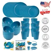 Eco-Friendly 48-Piece Blue Wheat Straw Dinnerware - Microwave & Stackable Design