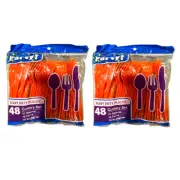 Party Orange Plastic Cutlery Combo (Spoons, Forks, Knives) 48 Piece Set - 2 Pack