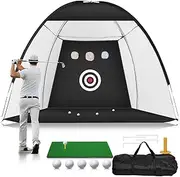 Golf Practice Net - 10x7ft Hitting Aid with Targets / 1 Mat / 5 Balls / 1 Tee / Bag - Men's Indoor/Outdoor Swing Trainer