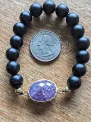 Beautiful Bracelet w Black Beads & Purple Amethyst Stone Adj