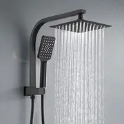 Decaura Twin Shower Head Rail Set Square Gooseneck Shower Arm 8" Rain Shower Head 3-Mode Handheld Brass 2 in 1 Diverter(Matt Black)