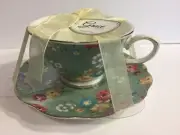 Grace's Teaware Jade Green Floral Cup & Saucer - NWT