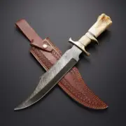 Damascus Fixed Blade Hunting Knife Over 256 Layers Camel Bone Bowie With Sheath