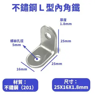 （10入）不鏽鋼Ｌ型內角鐵25X25mm寬16mm厚1.8mm (3.9折)