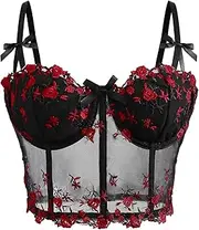[Miaeowve] Women's Floral Lace Mesh Bustier Spaghetti Strap Camisole Underwired Crop Top Corset Bra Vest Clubwear